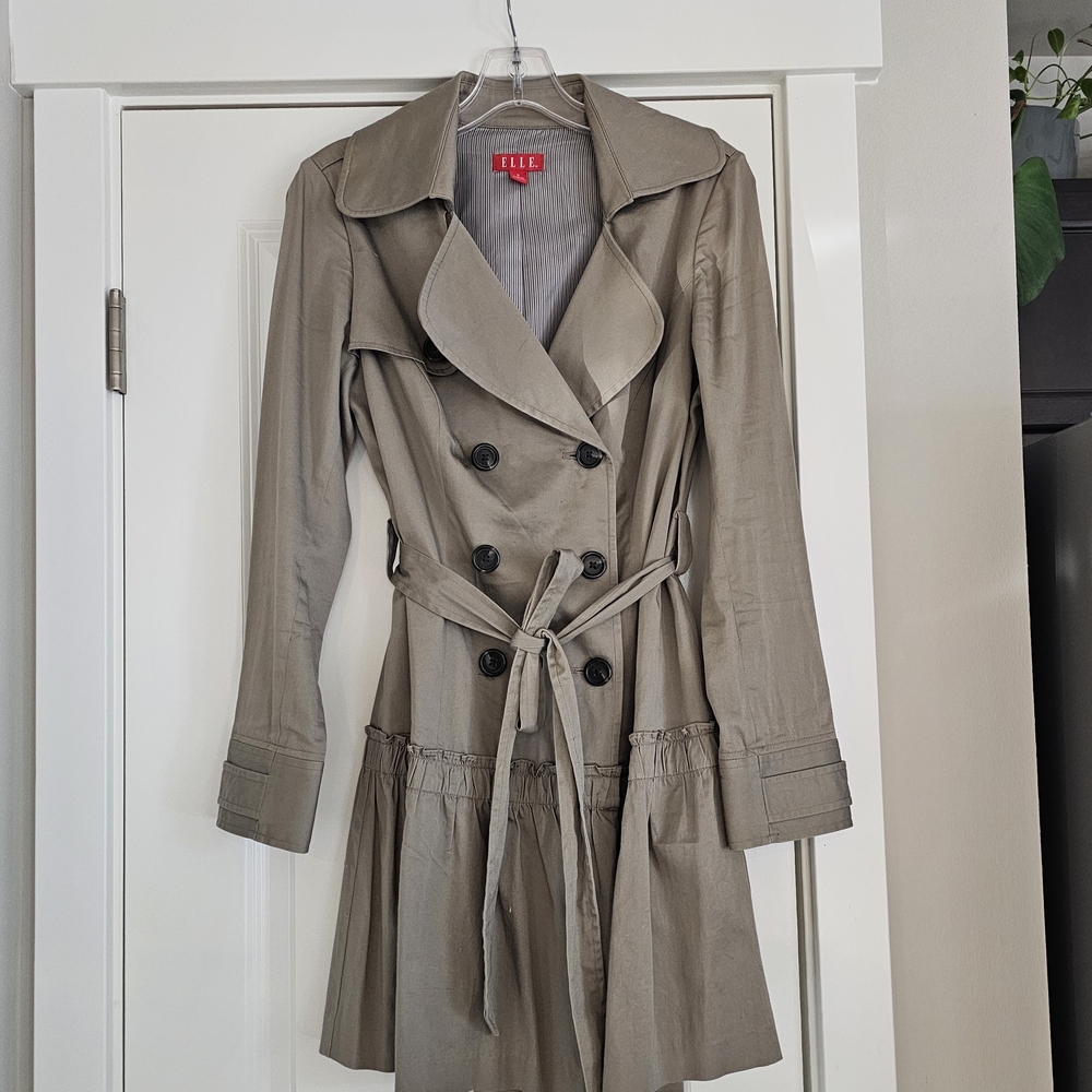 ELLE Women's Khaki Double-Breasted Peplum Trench Coat Jacket,